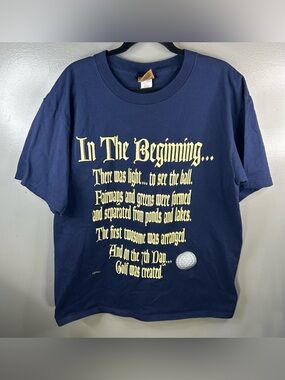 Vintage Nutmeg Golf God Jesus Parody Funny Navy Blue Shirt Size Large